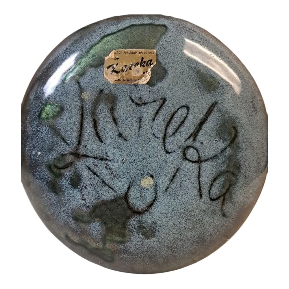 Signed Kazeka Enameled On Copper Decorative Dish Ocean With Seagull Collectible